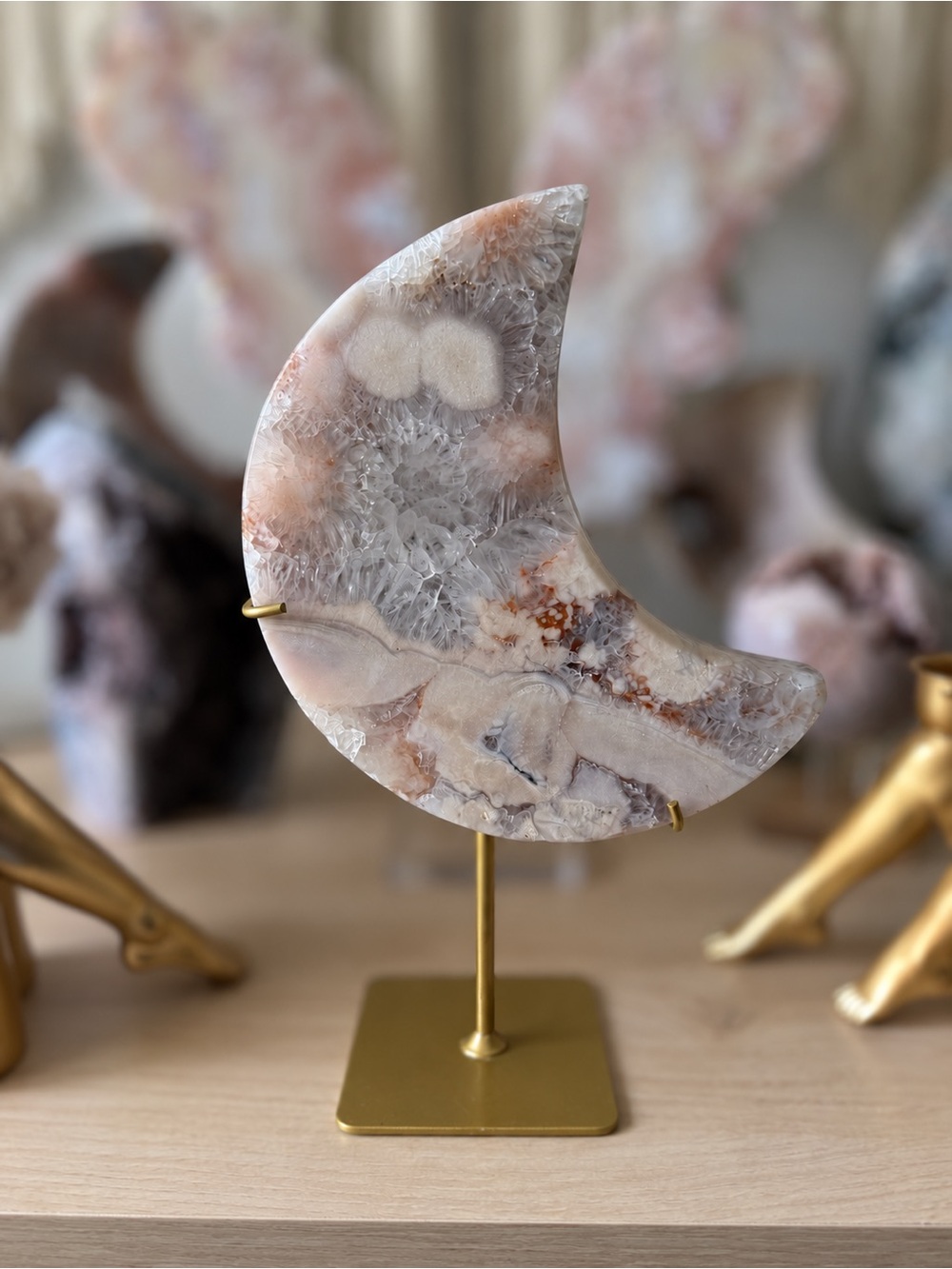 Beautiful Pink Amethyst Natural Moon Carving w/ Custom Stand